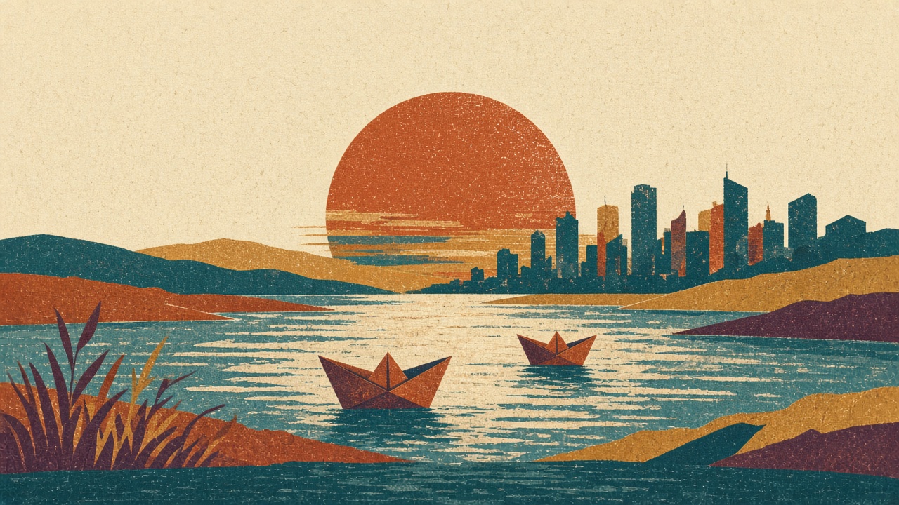 Risograph-style illustration: two paper boats setting off on a wide river towards a horizon of city and field shapes under a large low sun.