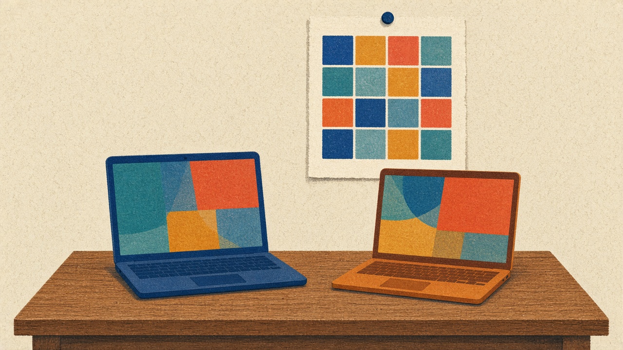 Risograph-style illustration: two small laptops side by side on a wooden table, their terminal windows glowing as coloured blocks, a paper curriculum chart pinned above.