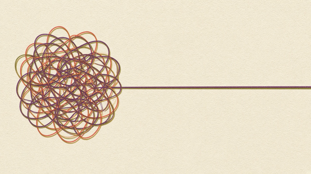 Risograph-style illustration: a tangle of coloured string on the left resolving into one clean straight line on the right.