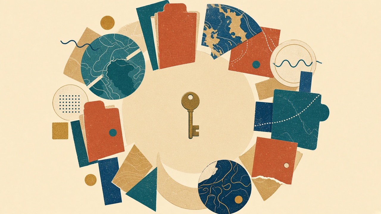 Risograph-style illustration: a single key surrounded by concentric rings of maps, notes and folders.