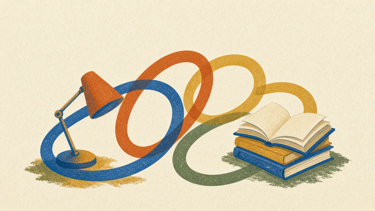 Risograph-style illustration: four interlocking loops of orange, blue, ochre and green thread forming one circuit around a desk lamp and open books.