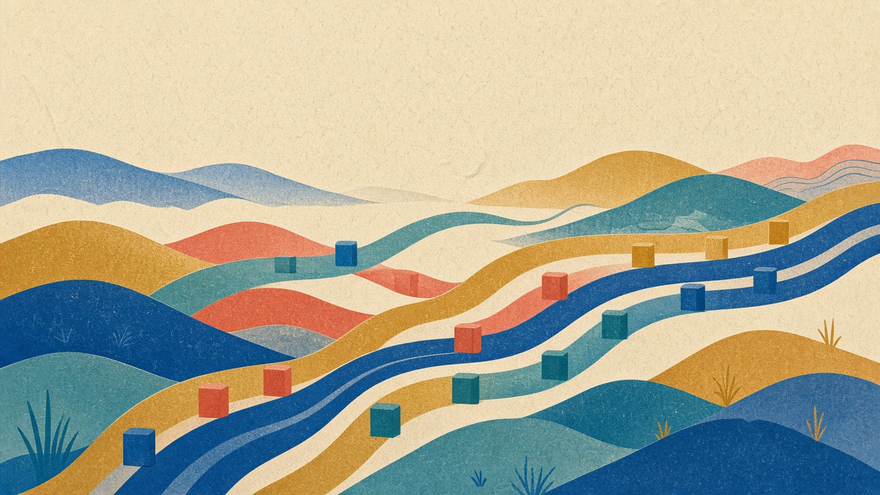 Risograph-style illustration: ribbons of coloured light flowing like multi-lane roads across a landscape, small coloured blocks travelling along them.