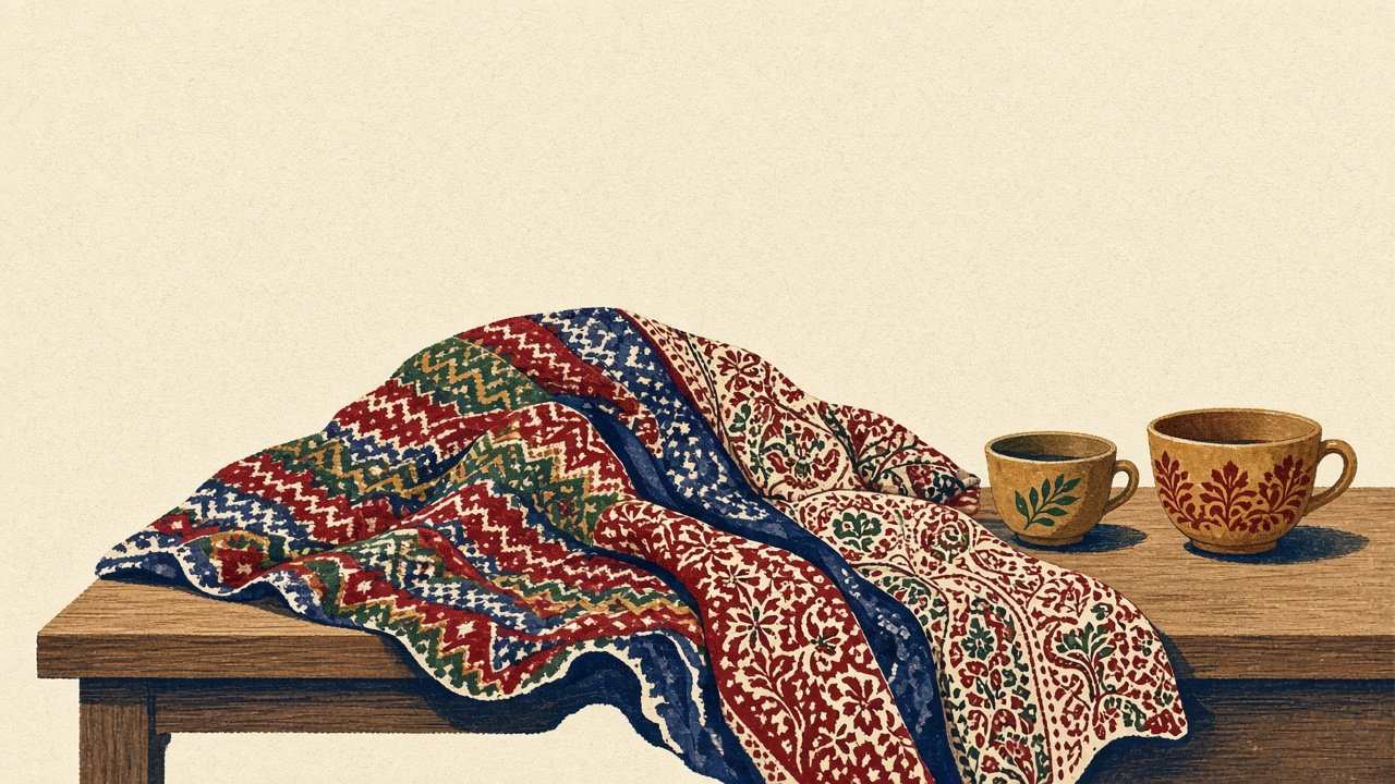Risograph-style illustration: a Nordic knit and an Indian block-print textile woven together into one cloth over a table with two teacups.