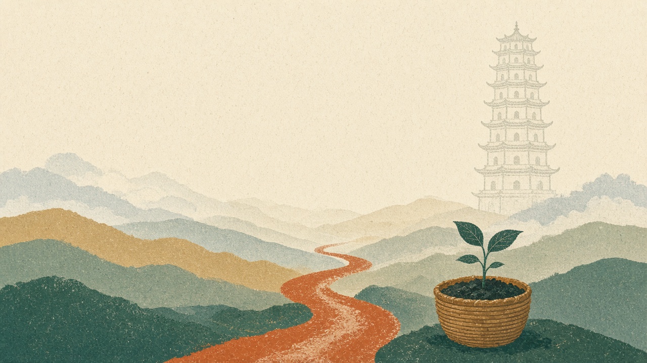 Risograph-style illustration: a small green shoot rising from a basket of earth at the foot of a faint nine-storey tower, with a winding path into misty hills.
