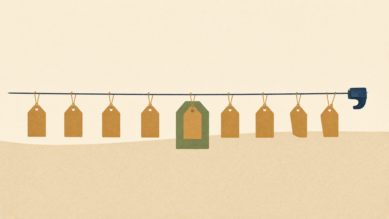 A flat editorial illustration on cream paper: a long row of small ochre and moss-green tags hanging from a single taut line, each tag a slightly different shape, with one tag being checked against a template card.