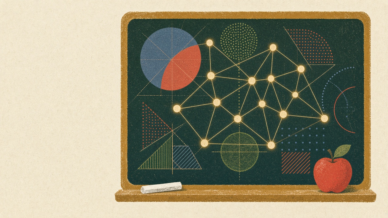 Risograph-style illustration: a chalkboard of geometric diagrams overlaid with a glowing network of nodes, chalk and an apple on the ledge.
