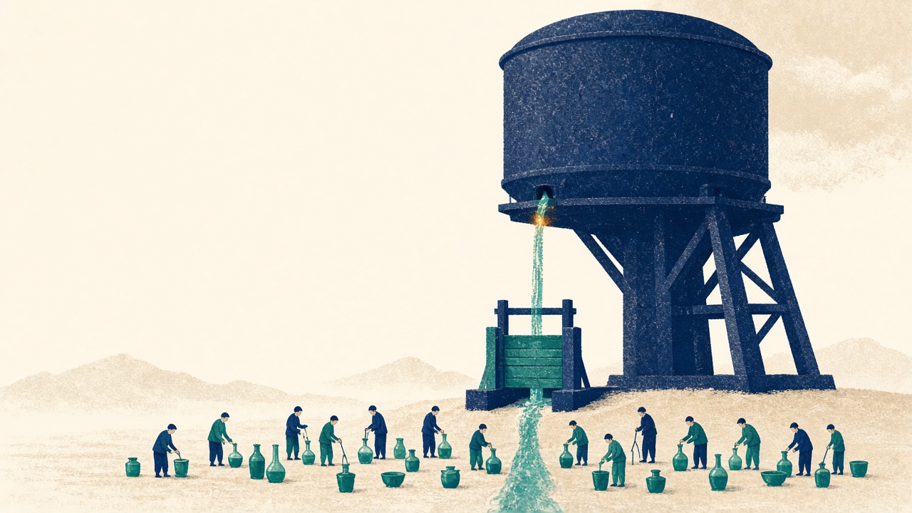 A dark water tower pours a thin teal stream through a gate towards many small figures holding jars
